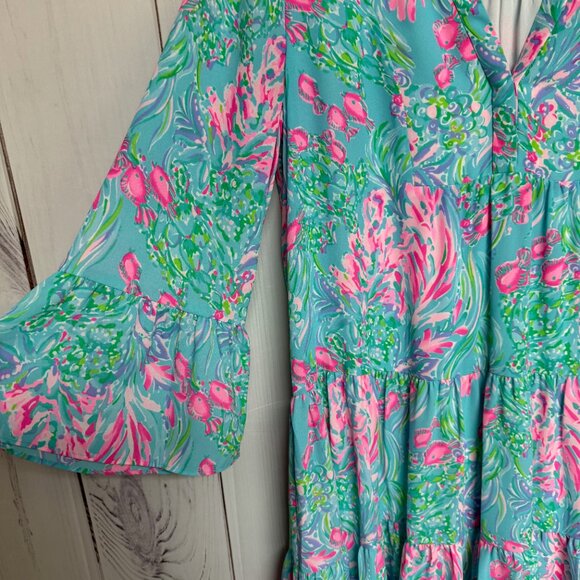 Lilly Pulitzer Gabriel Dress 4 Amalfi Blue Best Fishes Tiered EUC - Picture 4 of 11